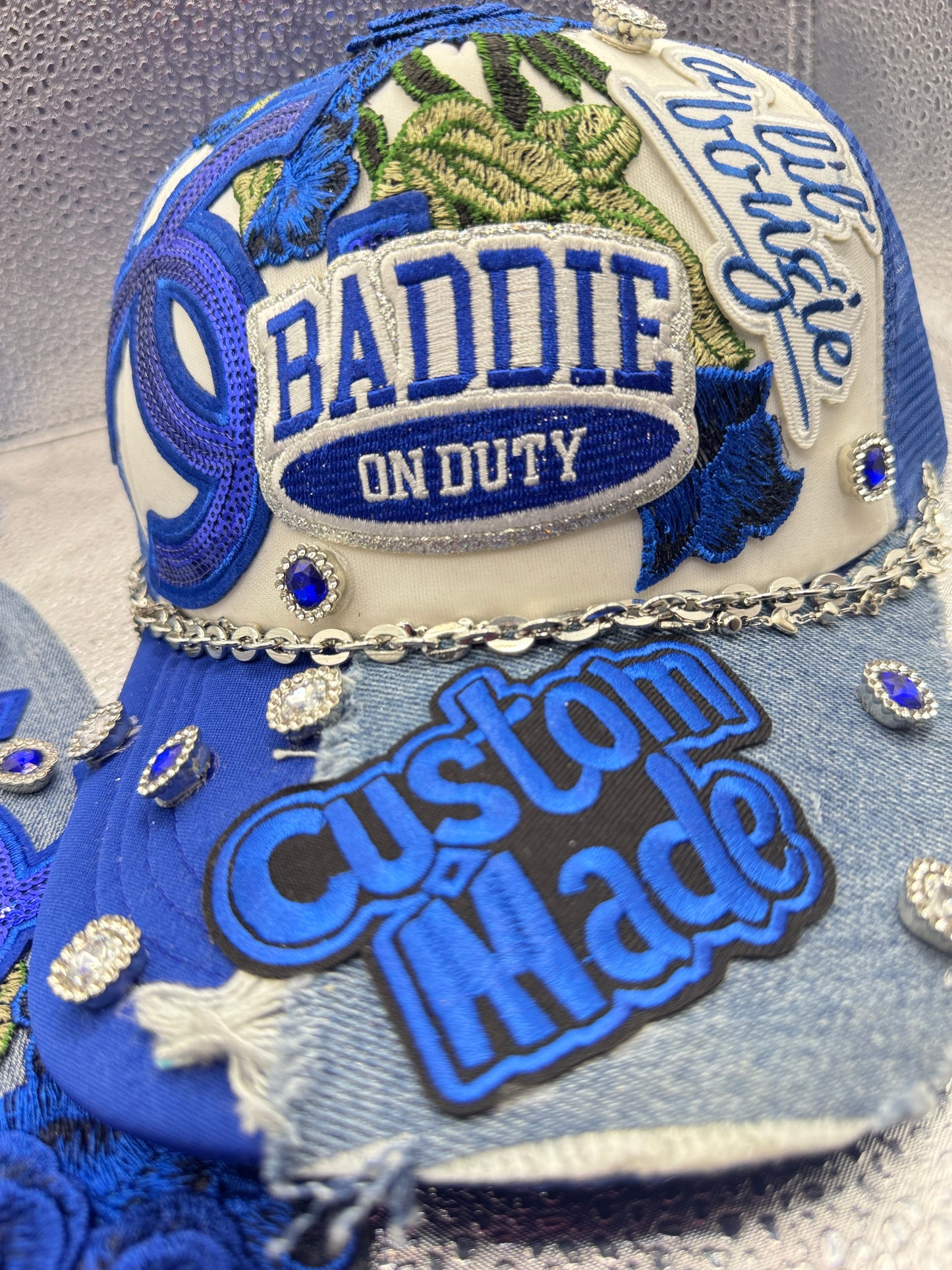 Royal Blue Baddie Custom Denim Trucker Hat & Junk Tie Set