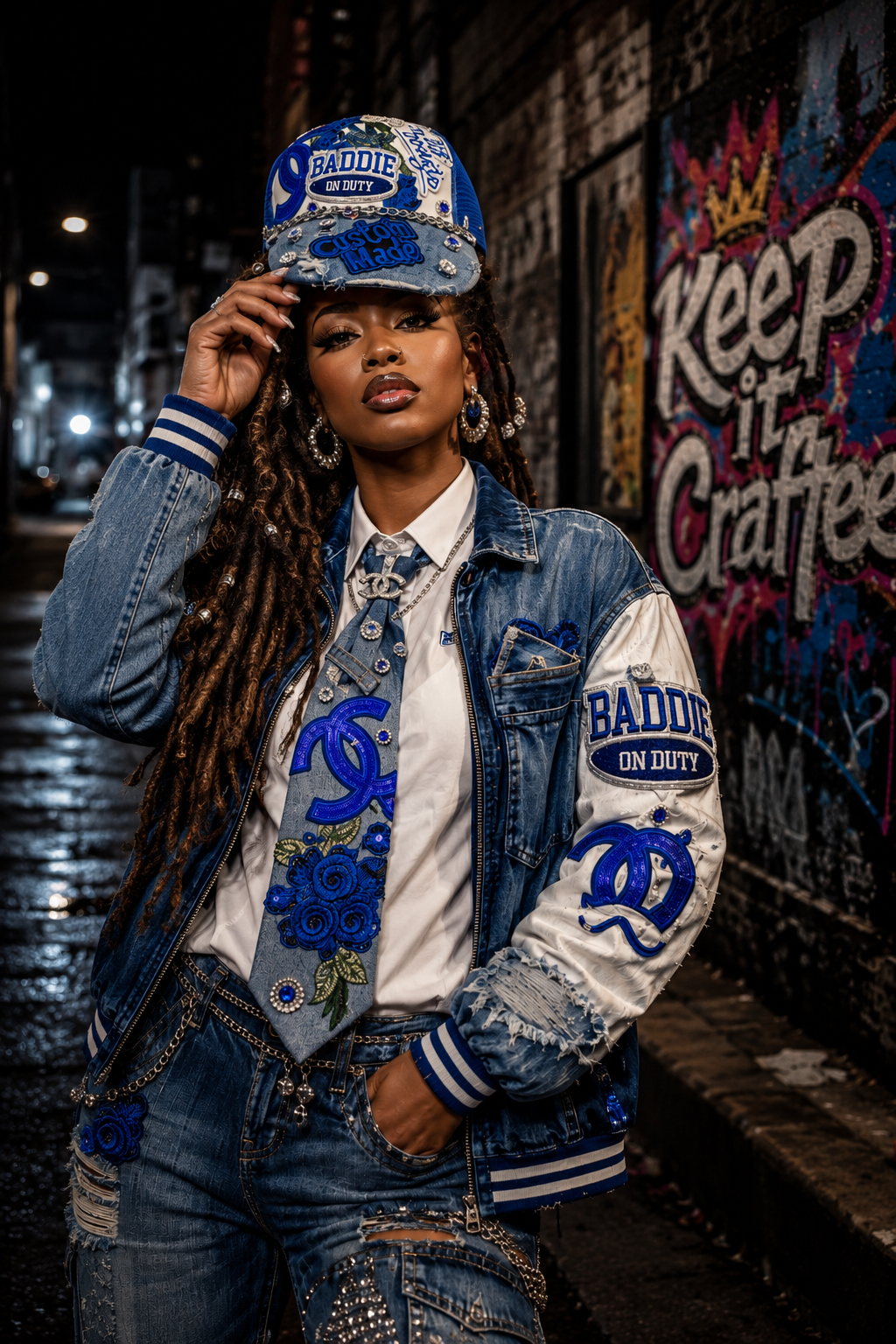Royal Blue Baddie Custom Denim Trucker Hat & Junk Tie Set