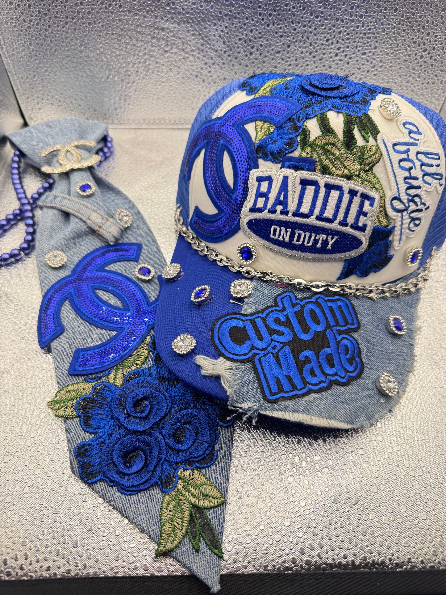 Royal Blue Baddie Custom Denim Trucker Hat & Junk Tie Set