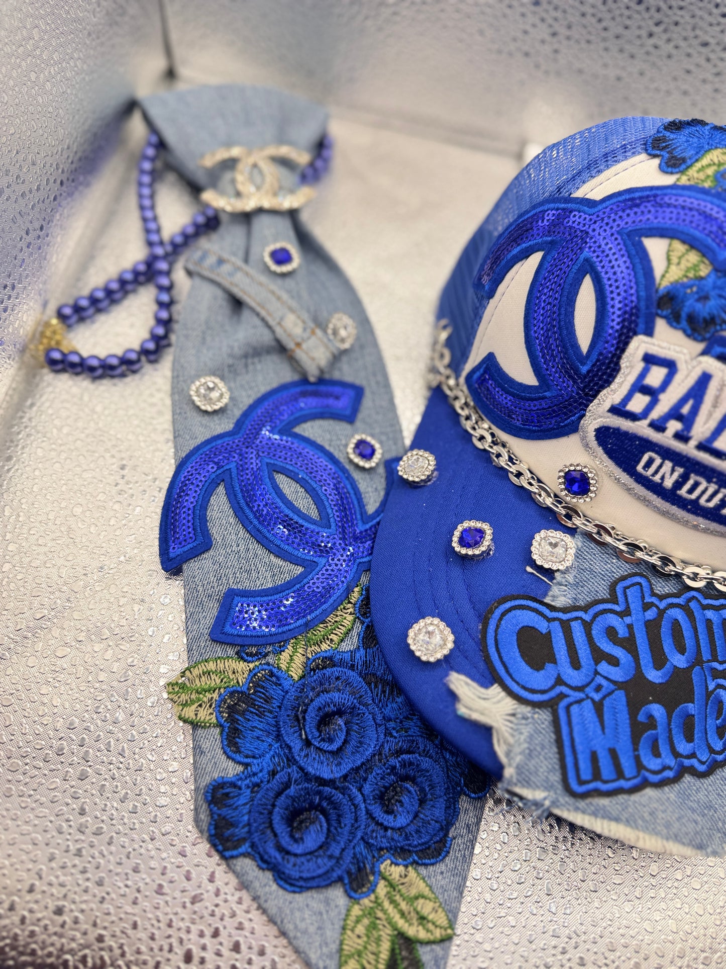 Royal Blue Baddie Custom Denim Trucker Hat & Junk Tie Set
