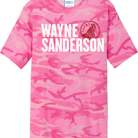 A pink camouflage crewneck t-shirt featuring 'WAYNE SANDERSON' and the 'Farmers' logo printed in white and dark pink on the front, with a Port & Company neck label visible.